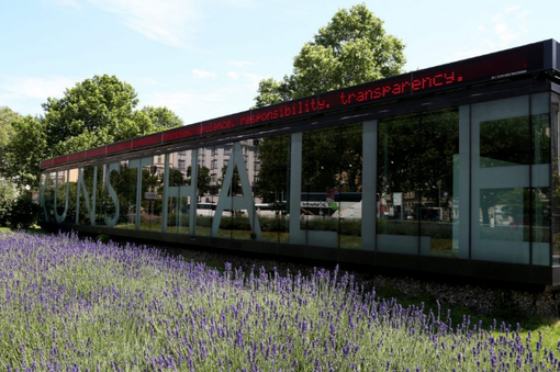 Photo of the Kunsthalle Wien at Karlsplatz, in the foreground a lavender bed