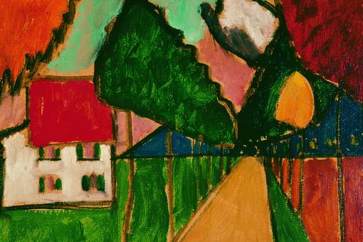 Colorful painting showing a straight beige avenue street, to the left of it a house with red roof and behind it an expressionist landscape
