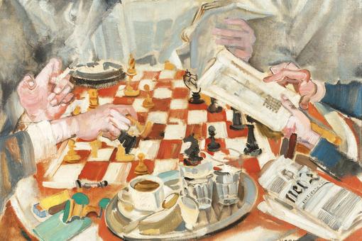 Expressionist painting showing a coffee house table from above with chess set, hands pulling the pieces, newspapers, a cup of coffee plus water glasses