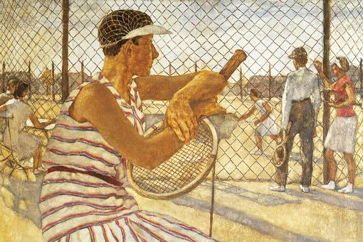 The painting shows a tennis player in a woman's jersey from the 1920s. She holds a tennis racket in her hand and watches the people on the tennis court through a fence