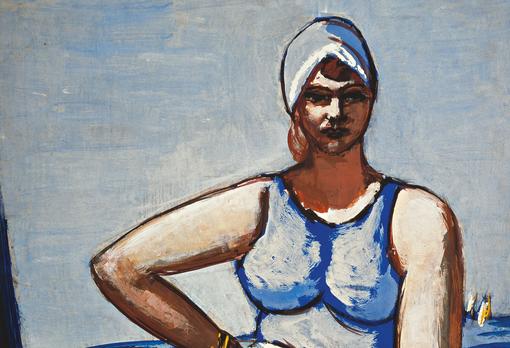 Gemälde in Blautönen, das eine Frau in hellblauem Badeanzug und mit hellblauem Tuch am Kopf zeigt, sie stützt einen Arm in die Hüfte