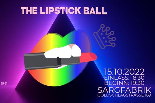 Event poster with the logo of the ball - a mouth with rainbow colored lips holding a lipstick between its teeth