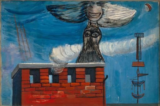 Das Gemälde zeigt einen roten Schornstein auf einem Dach, aus dem Rauch aufsteigt, darauf steht eine graue Frauengestalt deren Haare wie Flügel zur Seite stehen, im Hintergrund blauer Himmel