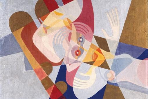 Ein kinetistisches Gemälde, das zwei Gesichter in geometrischen Formen zeigt, welche von anderen geometrischen Formen umgeben sind. Hauptfarben: Grau, Braun, Rosa, Rot, Orange und etwas Mittelblau