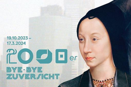Ausstellungsplakat mit dem Titel und der Laufzeit der Ausstellung, am rechten Rand das Porträt einer jungen Frau mit einer dunklen Kopfbedeckung