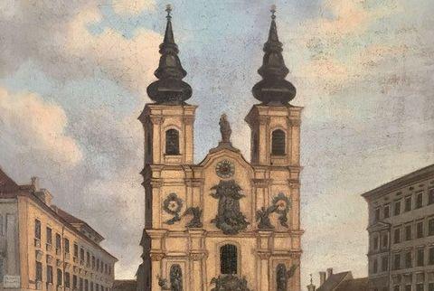 Painting from main facade of Mariahilf church in 6th district shows
