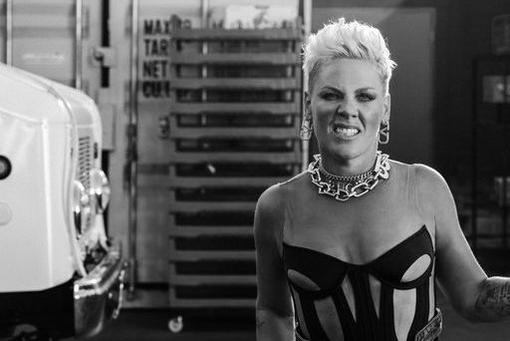 Black and white photo of musician Pink