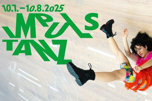 The photo shows the ImPulsTanz 2025 event poster with the lettering ImPulsTanz and the date 10.7.-10.8.2025 in green, on the right a dancer in a colorful outfit, black hair and black boots