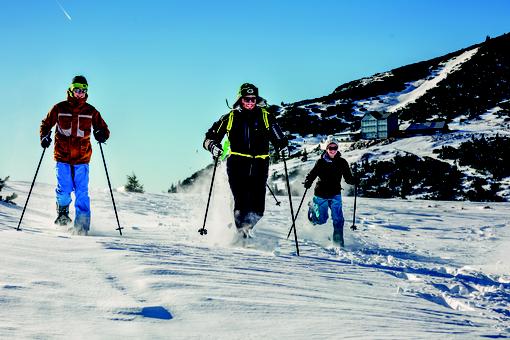 Drei Schneeschuhwanderer in sportlichem Outfit vor der Winterlandschaft des Rax-Gebirges 
