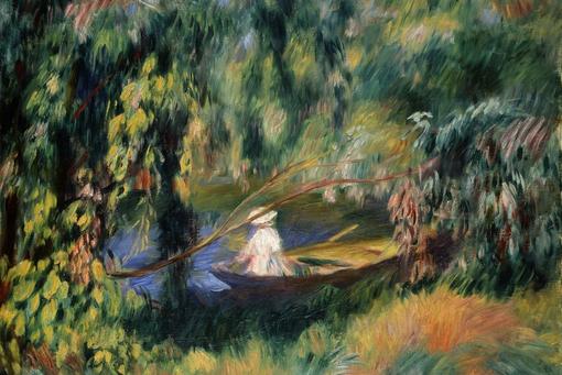 The picture shows an impressionist painting by Pierre-Auguste Renoir depicting a woman in a white dress in a boat. The small lake is surrounded by lush vegetation and expressive colors.