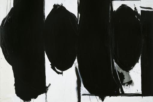 Abstraktes Gemälde in den Farben Schwarz, Weiß und nur wenig Grau