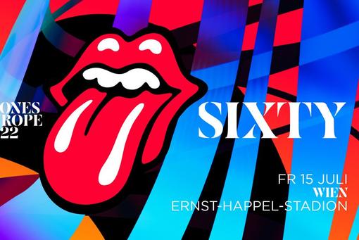 Buntes Konzertplakat in grellroten und blauen Farbtönen mit dem Logo der Rolling Stones dem Mund mit der herausgestreckten Zunge