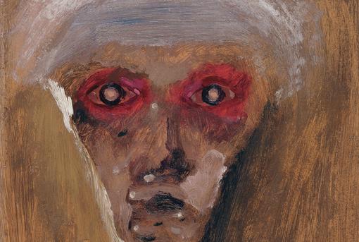 Abstract painting of a face in brown tones, eyes are highlighted in red outline