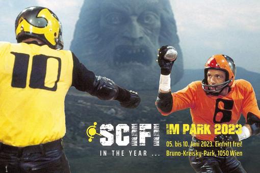Plakt zur Veranstaltung mit zwei Baseball-Spielern in gelbem und orangem Trikot im Hintergrund ein Steingesicht, das den Mund gefährlich aufreißt