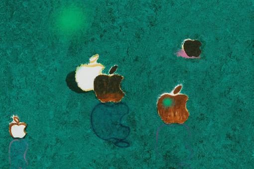 Ölgemälde mit türkisem Grund auf dem fünf Äpfel in den Farben Weiß, Schwarz und Orange in sehr einfacher Darstellung gemalt sind.