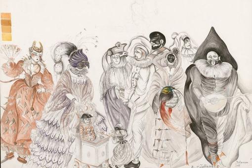 Detaillierte Kostümzeichnungen für die Oper "Hoffmanns Erzählungen", die acht Figuren in Anlehnung an den Venezianischen Karneval zeigen
