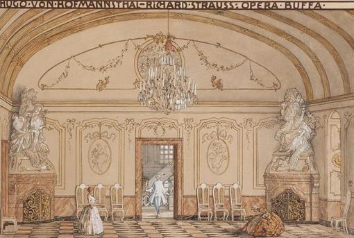 Das Foto zeigt eine Handzeichung des Bühnenbildes zur Oper "Der Rosenkavalier" aus dem Jahr 1910