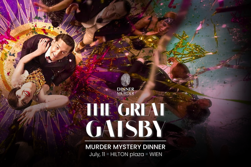 The photo shows an event poster for the interactive dinner experience “Dinner with a Murder - the Great Gatsby”. The Evetns lettering can be seen in white, with a glamorous couple and other guests in a party mood to the left