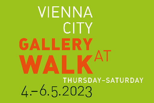 Vienna City Gallery Walk logo, all dates, orange, white and black font on lime green background.
