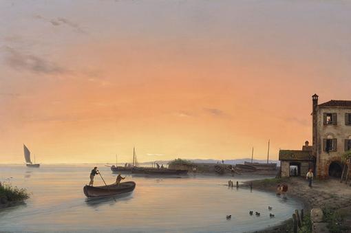 Gemälde mit Lagunenlandschaft im Sonnenaufgang, im Vordergrund eine Gondel, die in die Lagune hinaus fährt
