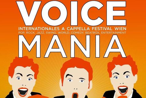 Poster of Voice Mania 2021 festival, white writing on orange background, three singing gentlemen with red hair