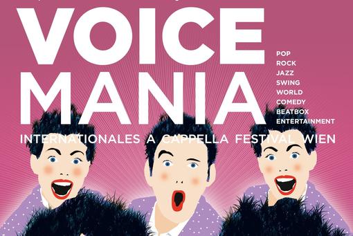 Poster of the Voice Mania 2024 festival, white lettering on a raspberry-colored background, three singing men with black hair