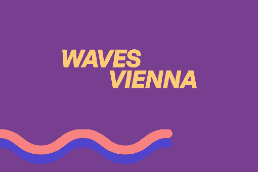 The image shows the Waves Vienna logo and lettering in capital letters and in yellow against a purple background, with two wavy lines in blue and pink below it