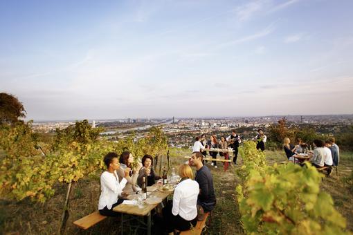 Foto einer Szene im Weinberg am Nussberg mit Blick auf Wien: zwei Gruppen von Heurigenbesucher:innen, die Wein trinken und ein Heurigen-Ensemble