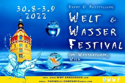 Poster of the festival, white writing on intense blue background representing water, with an orange goldfish in a water bubble
