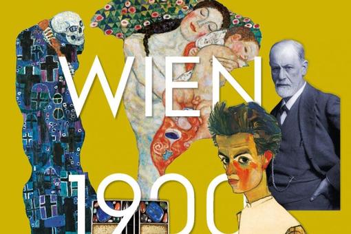 Poster shows a collage of a portrait of Egon Schiele, photo of Sigmund Freud, death painted by Gustav Klimt, a woman with child and the words Vienna 1900 on yellow background