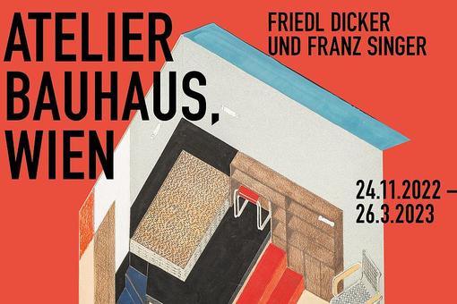 Ausstellungsplakat zur Ausstellung "Atelier Bauhaus. Wien. Friedl Dicker und Franz Singer: Zeichung eines Modells und schwarze Schrift auf rotem Hintergrund