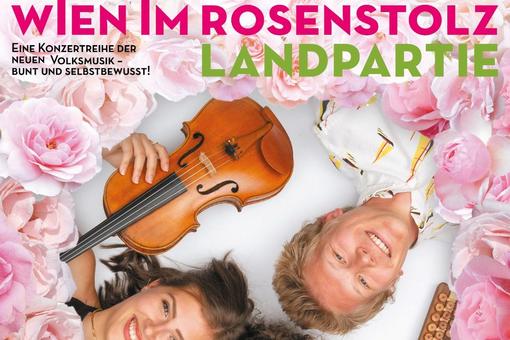 Poster with the lettering of the event in pink and lime green, a man, a woman and a violin lying, framed by pink peonies