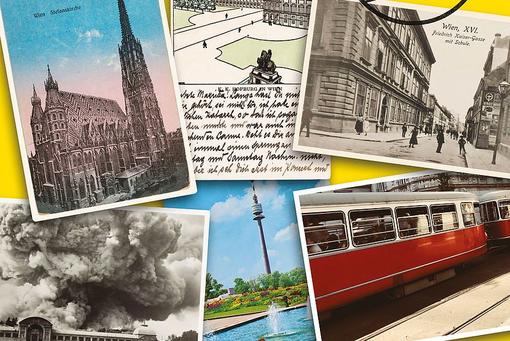 Eine bunte Collage verschiedener historischer Ansichtskarten mit Wiener Stadtmotiven wie dem Stephansdom, dem Donauturm, einer Straßenbahn etc.