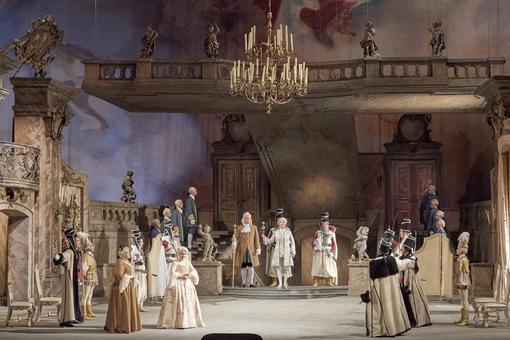 The scene photo from the opera “Der Rosenkavalier” of the Vienna State Opera shows a baroque hall in which numerous members of a court are located. The historical costumes and the hall are in shades of beige and brown.
