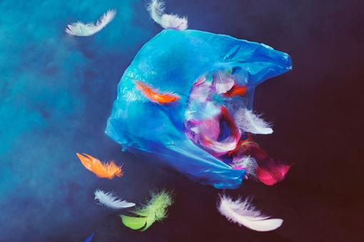 The subject for the opera “The Magic Flute” can be seen, a blue plastic bag flies through the room. It is filled with countless colorful feathers that fly out of it into the room, which appears from left to right in medium blue to dark blue.