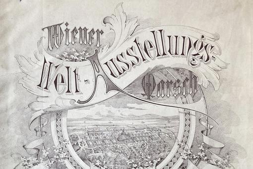 Historisches Plakat in Schwarzweiß, das den Wiener Weltausstellungsmarsch ankündigt