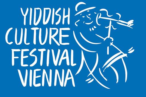 Logo des Festivals Yiddish Culture Festival Vienna, weißer Schriftzug und Zeichnung eines Fiedlers auf blauem Hintergrund