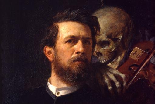 The photo shows a detail from the painting “Self-Portrait with Death Playing the Violin” by Arnold Böcklin. It shows Böcklin with a skeleton playing the violin behind him.
