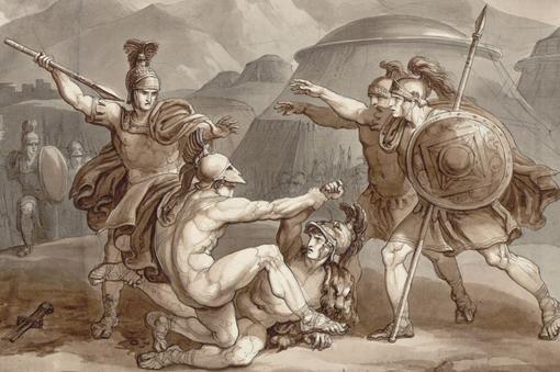 Kreidezeichnung des Zweikampfes der griechischen Helden Eteokles und Polyneikes, die von drei Soldaten in Rüstung und mit Speer umringt werden