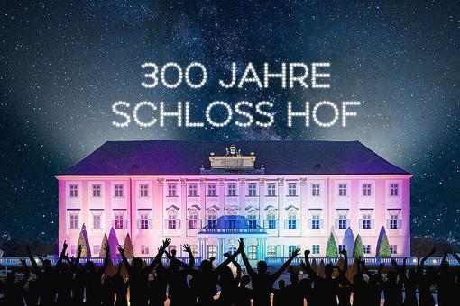Das Sujet zeigt das in rosa Licht getauchte Schloss Hof vor Sternenhimmel, über dem Schloss ist der Schriftzug "300 Jahre Schloss Hof" platziert, vor dem Schloss jubelt eine Menschenmenge