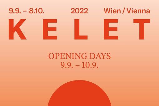 Logo of the festival curated by_2022 with the title Kelet, orange font on light orange background