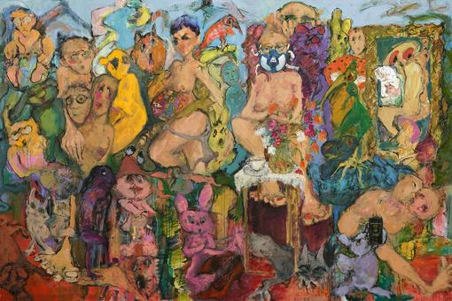 The photo shows a colorful oil painting filled with hybrid, even naked figures, grotesque figures and strange-looking fantasy creatures