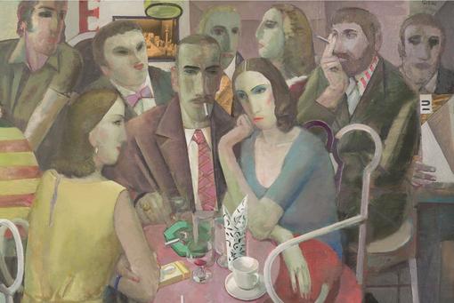 The oil painting by artist Hubertus Giebe depicts a scene in a night café, with men and women sitting at tables in groups, smoking and drinking coffee.