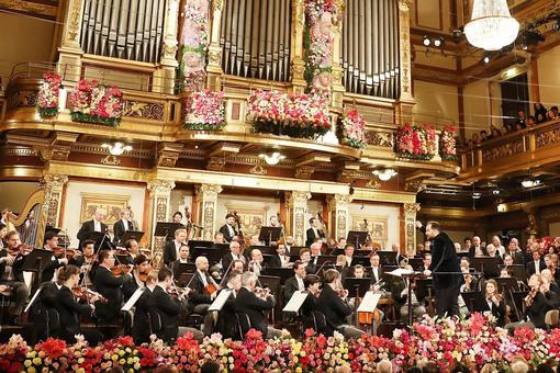 Die Wiener Philharmoniker mit dem Dirigenten Andris Nelsons vor der goldenen Orgel im großen Saal des Wiener Musikvereins davor üppiger Blumenschmuck