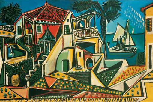 Buntes, expressionistisches Ölgemälde, das ein mediterranes Dorf mit Palmen und im Hintergrund das Meer mit Segelschiff zeigt