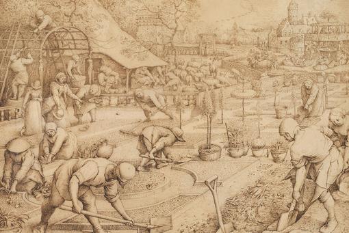 Pen and ink drawing in brown showing people creating a stylized garden in a public square of a city