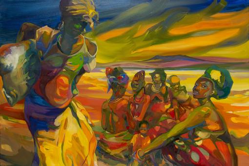 Farbintensives Gemälde in vorwiegend Gelb- und Orangetönen, welches eine Gruppe afrikanischer Frauen in ihren bunten Gewändern zeigt