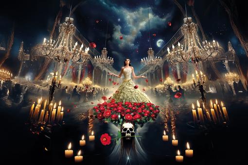 The photo shows the advertising motif of the opera La Traviata for the Vienna Opera Summer 2025. A woman in a floor-length, winter-white ball gown stands on a bouquet of roses with a skull and crossbones underneath, surrounded by countless burning candles