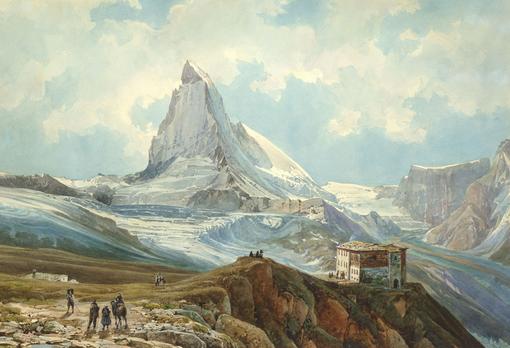 Das Gemälde von Thomas Ender zeigt das Matterhorn in der Schweit und die Berlandschaft und ein Alpinhaus um diesen makanten Berg