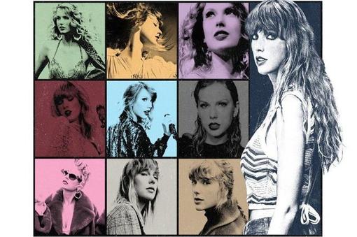 Ein Veranstaltungsplakat mit unterschiedlichen Fotos von Taylor Swift, die graphisch bearbeitet wurden